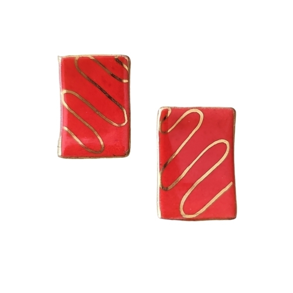 Red & Gold Enamel Earrings Clip On Earrings